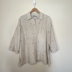 EDWARD Woman Irish Linen Front Button-Up‎ 2X Tan Embroidered Black Polka Dot